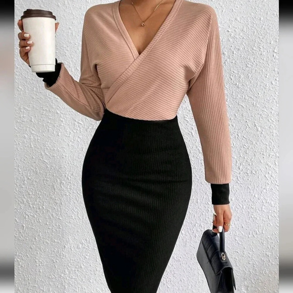 Two Tone Surplice Neck Bodycon Dress - Picture 1 of 3